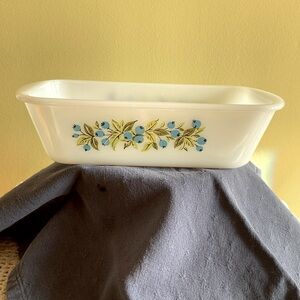 Glasbake Vintage Milkglass Loaf pan - 1 1/2 Qt #J522 with blueberry motif.